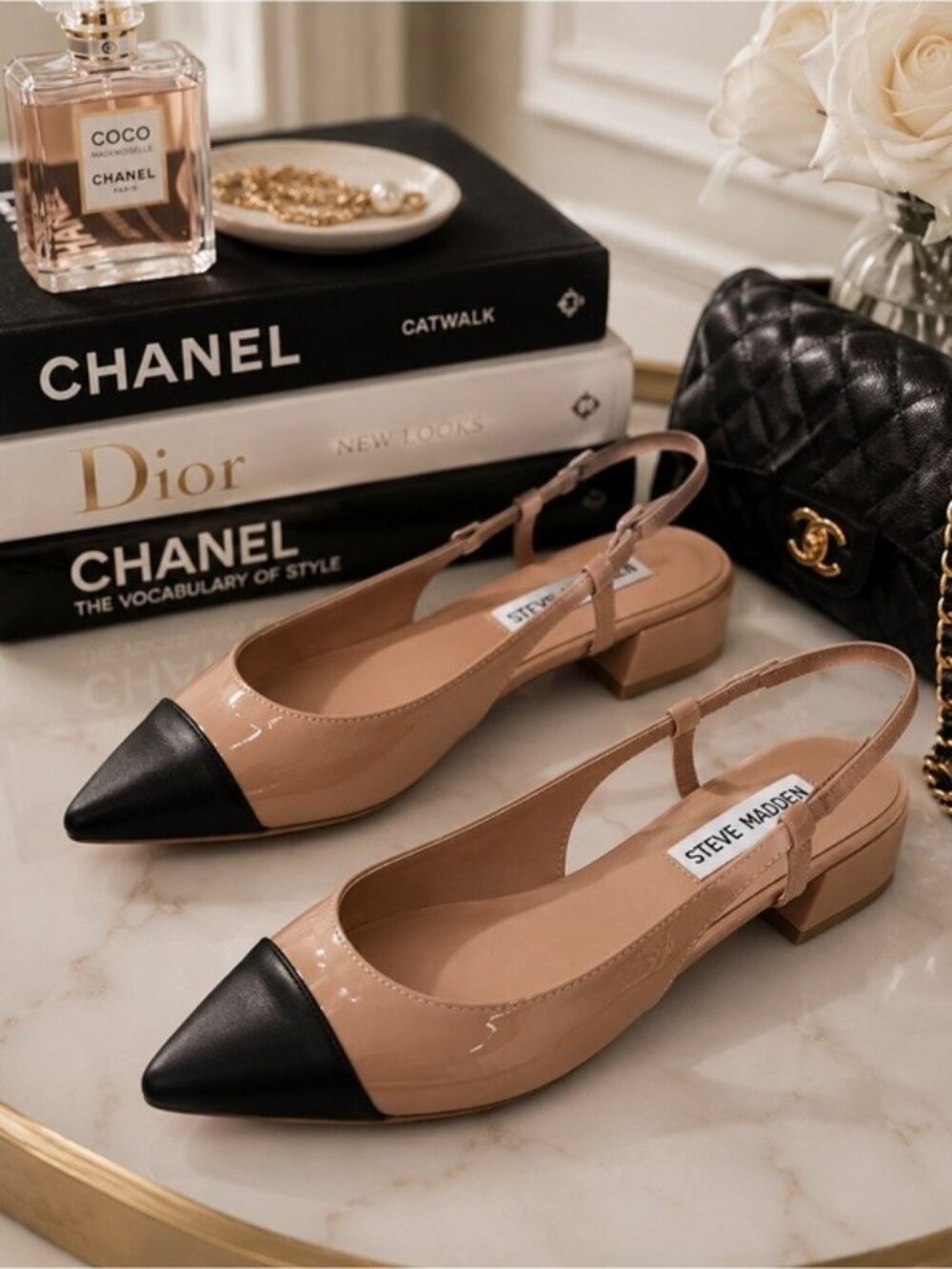 Steve Madden Allure Two Tones Slingback Cap Toe Flats Nude Black Size 9